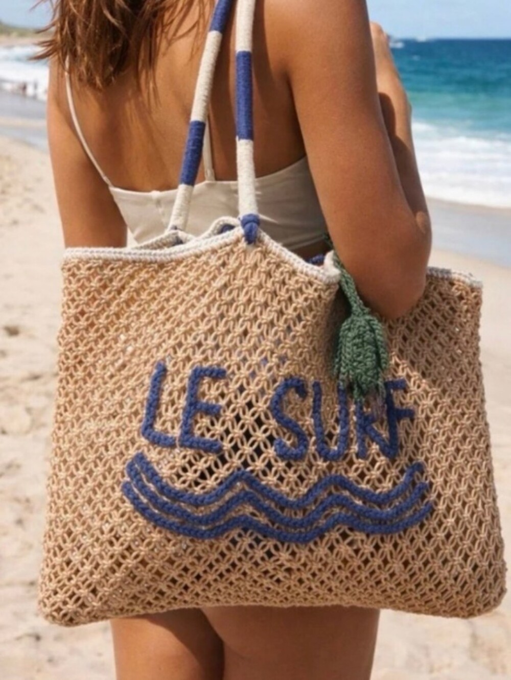 Lu & Elle ‘Le Surf’ Raffia Tote Bag with Blue Handles and Embroidery NWT